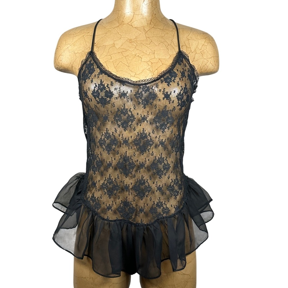 Amelias Black Sheer Floral Lace Ruffle Bodysuit Lingerie Whimsigoth layering 90s